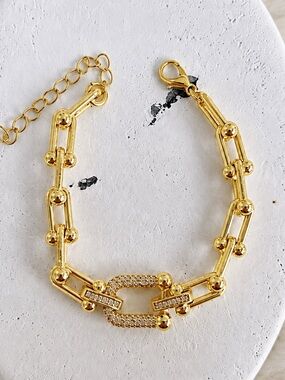 Gold Plated CZ Zircon Geometric Link Chain Statement Bracelet